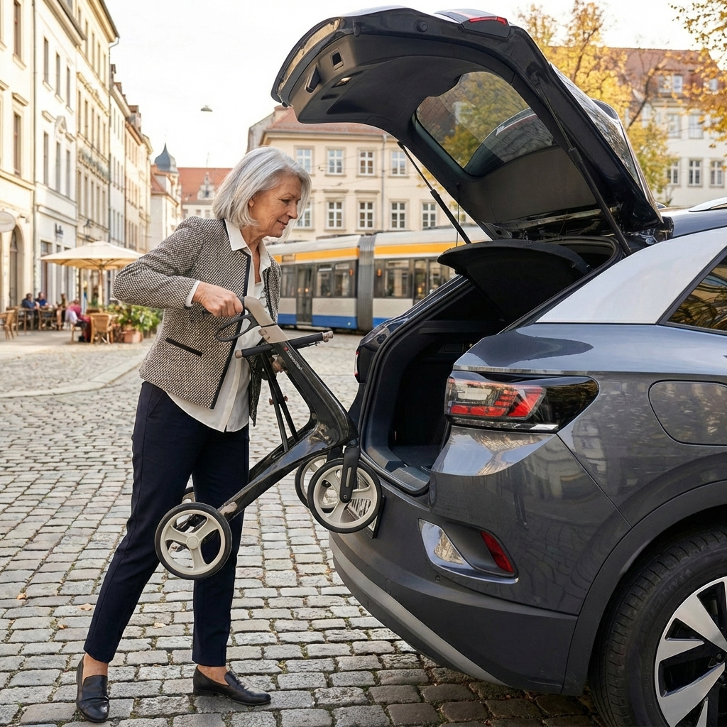 Ein ultraleichter Carbon-Rollator wird mühelos in einen Kofferraum gehoben